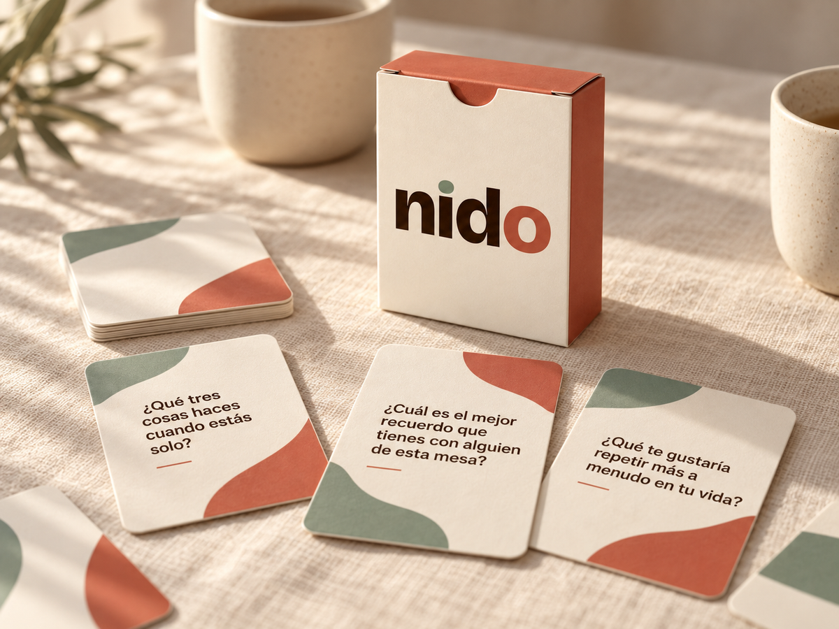 Caja y cartas NIDO sobre una mesa con tazas