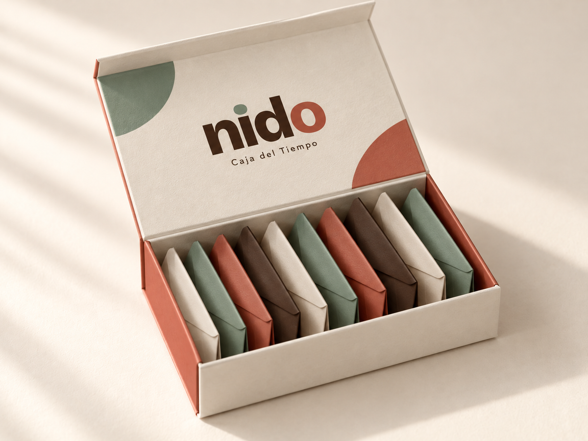 Caja del Tiempo NIDO abierta con sus sobres de colores