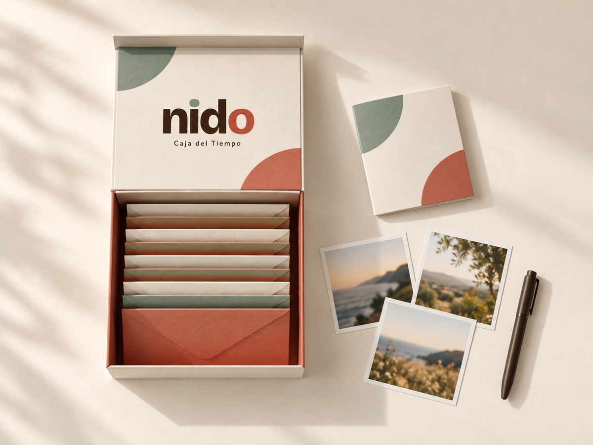 Caja del Tiempo NIDO abierta con sobres, fotos y bolígrafo