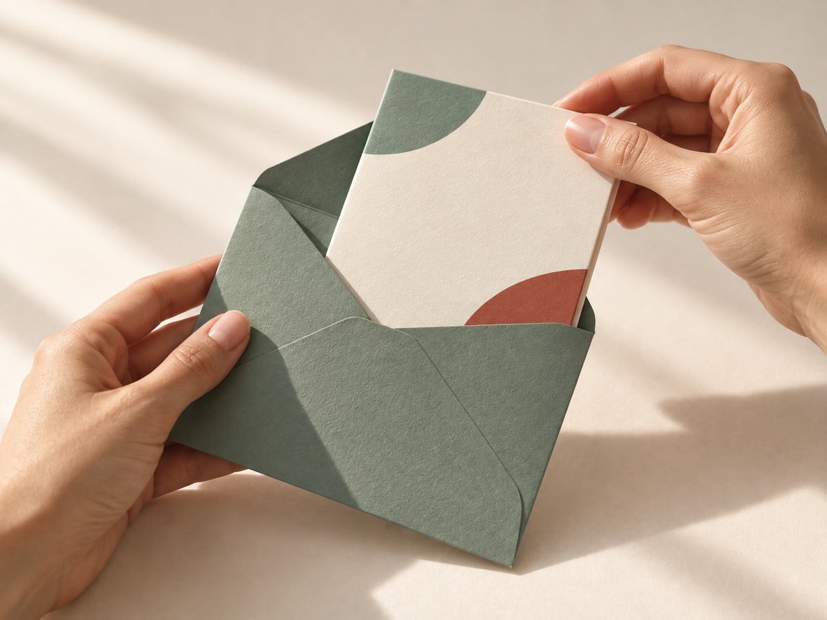 Manos abriendo un sobre verde de la Caja del Tiempo NIDO
